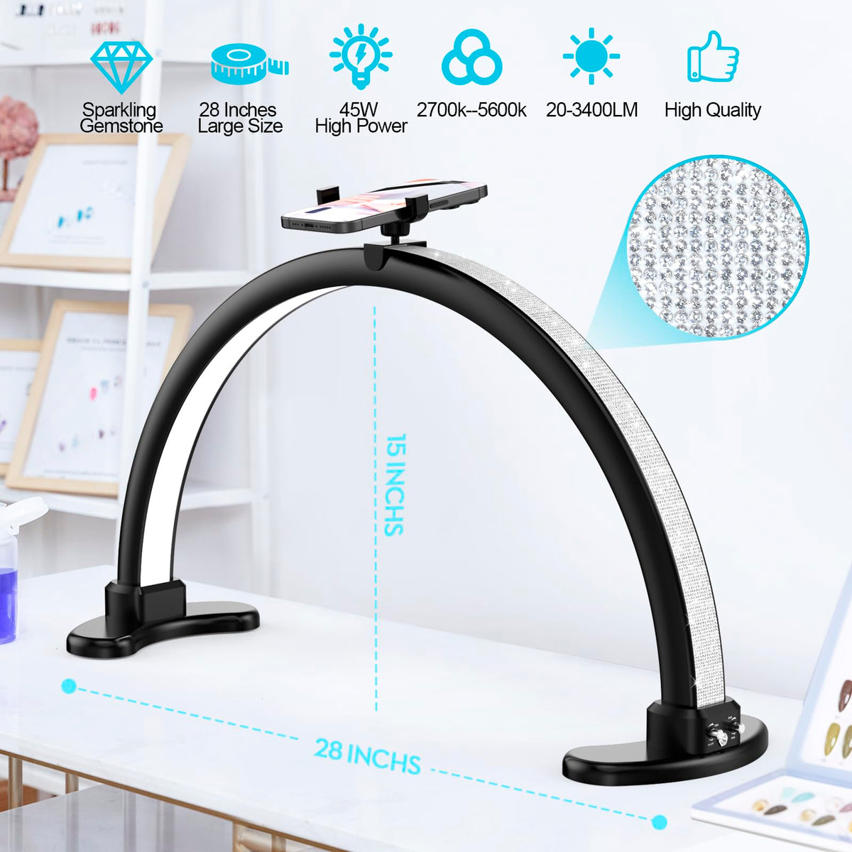 Large Half Moon LED Light for Table Nail Desk Lamp (Black)