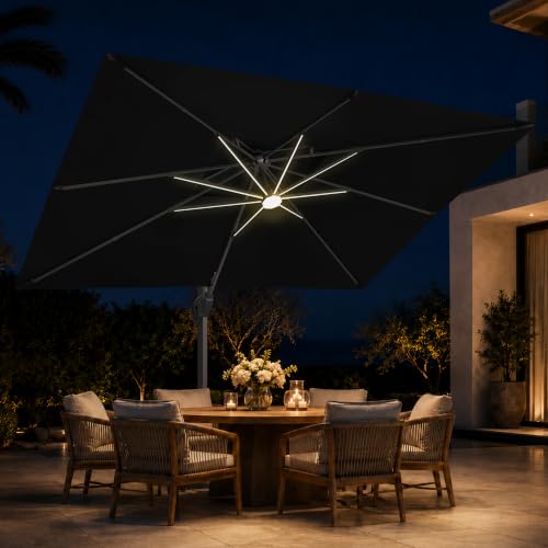 10x13 FT Cantilever Offset Patio Umbrella with Lights (Black)