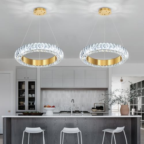 16" Ring Modern LED Dimmable Crystal Chandelier Adjustable Height Pendant Light Round Crystal Chandelier Light Fixtures for Dining Room Living Room Kitchen Island Gold (Gold / 1 Ring Round 16")