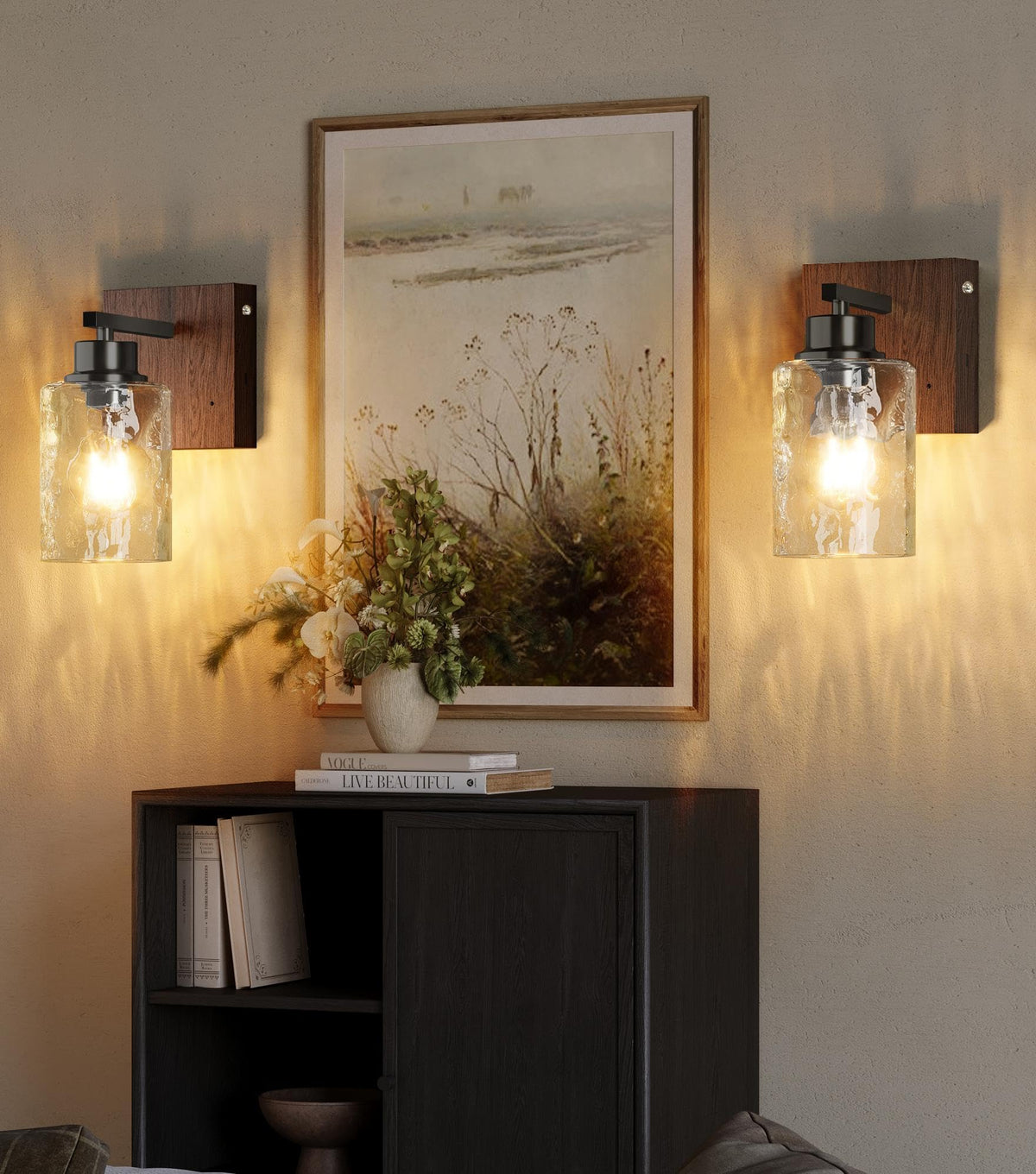Hammered Glass Battery Operated Wall Sconces Set of Two Black & Walnut (Black Walnut & Hammered Shade)