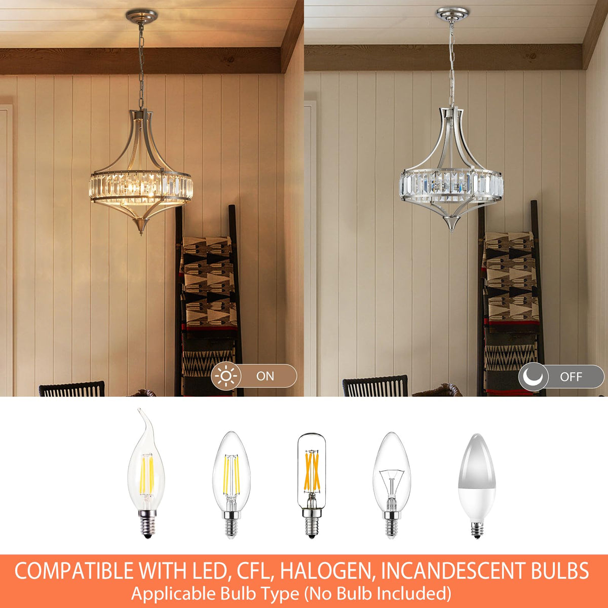 Crystal Chandeliers for Dining Room 15.7" Round Rustic Farmhouse Hanging Pendant Lighting Fixture Modern Brushed Nickel Chandelier Metal Shade 4 (15.7”-Brushed Nickel)