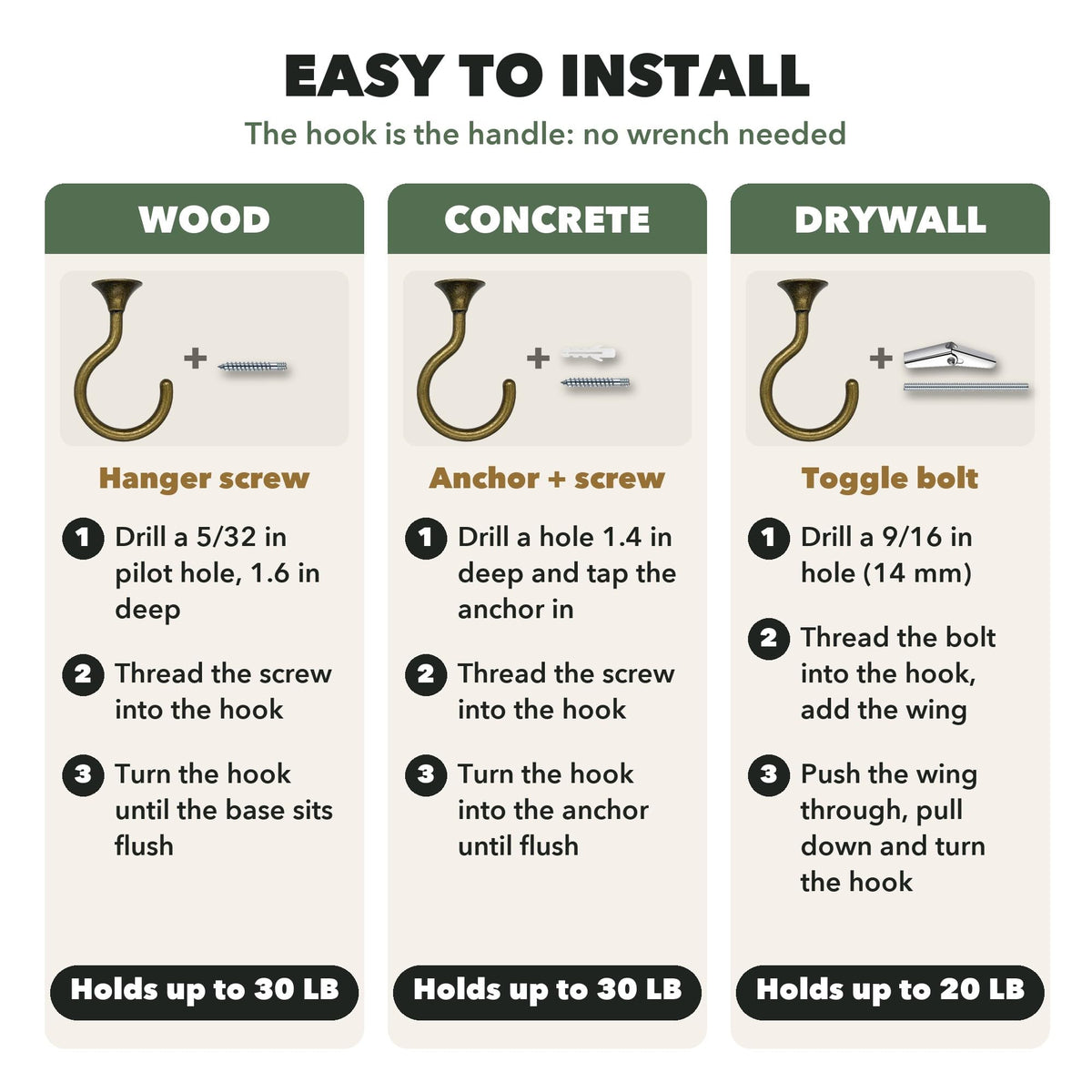 Heavy Duty Ceiling Hooks (Antique Brass)