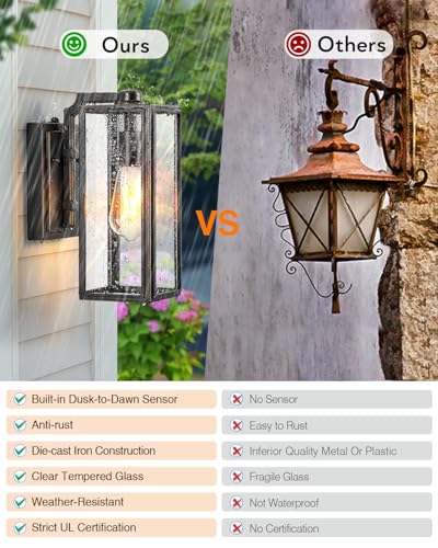 Dusk to Dawn Outdoor Wall Lighting (Black(Gold Trim) / D2D Square 2-Pack)