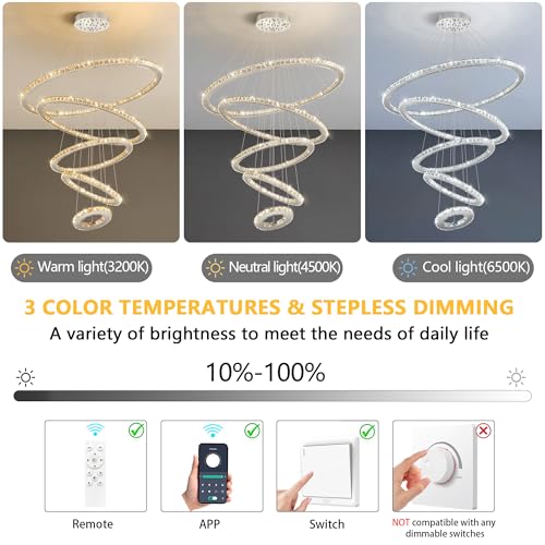 Modern 5 Rings Crystal Chandelier High Ceiling Dimmable LED Chandeliers Remote Lighting Fixtures for Living Room Dining Room Bedroom Silver (Silver / 5-Ring 40")