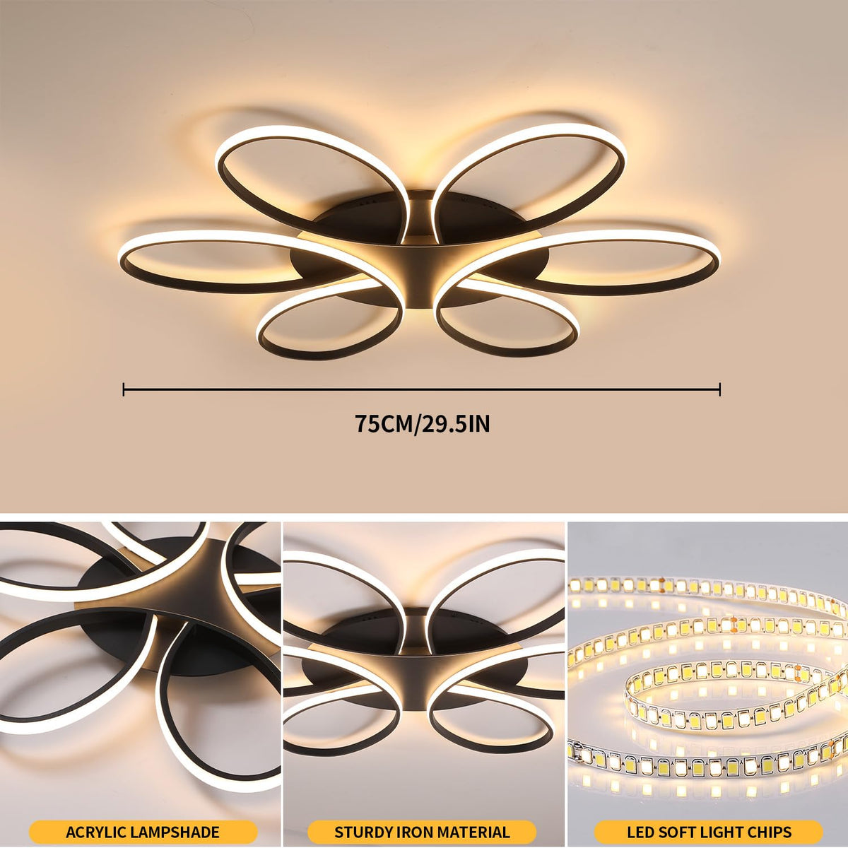Modern LED Ceiling Light Fixture Black Flush Mount Ceiling Lamp with Remote Control Dimmable Rings Flower Shaped Ideal for Living Room Suite Bedroom Leisure Study Room Kitchen (750mm/29.5inch)