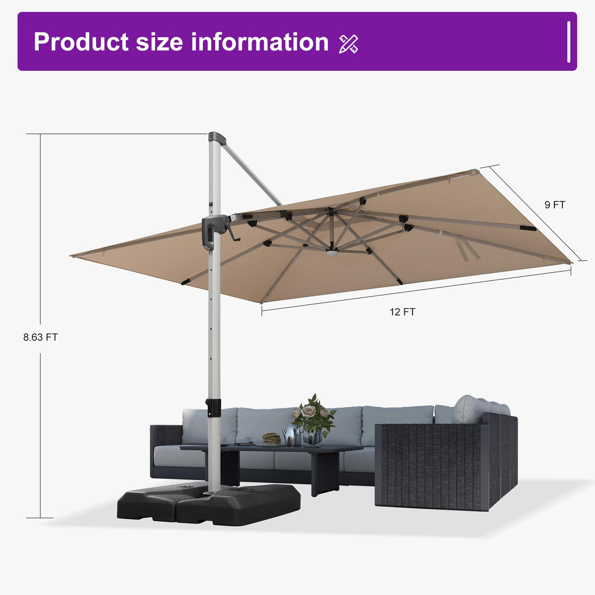 Patio Umbrella with Base Included 9' X 11.5' Solar Light (Beige / 9' X 11.5')