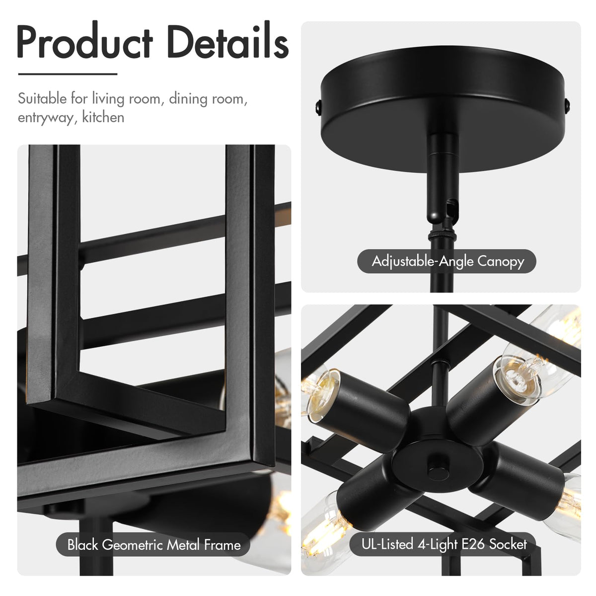 Modern Black Semi Flush Mount Ceiling Light Fixture 16.5"