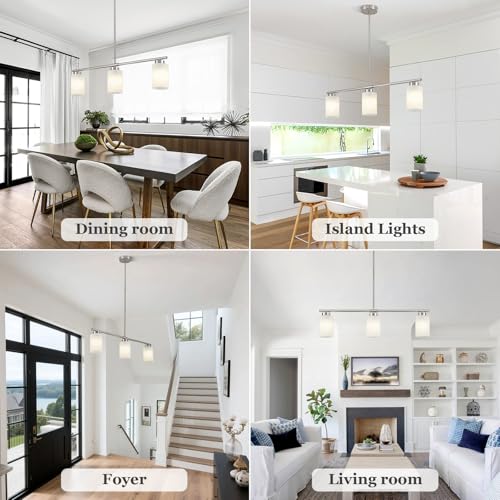 3 Light Kitchen Island Lighting Brushed Nickel Dining Room Light Fixture with Milk Glass Shade 31" Modern Linear Chandelier Adjustable Hanging Pendant Lighting Over Island Dining Table Living Room (Silver / 3-light)