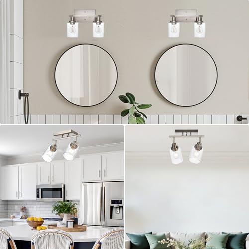 2 Light Brushed Nickel Kitchen Track Lighting Fixtures Ceiling Mount Track Lighting Kit with Bubble Seeded Glass Shade Modern Bathroom Tracking Vanity Lights Ceiling Tracking Accent Shop Light (Brushed Nickel / 2-Light)