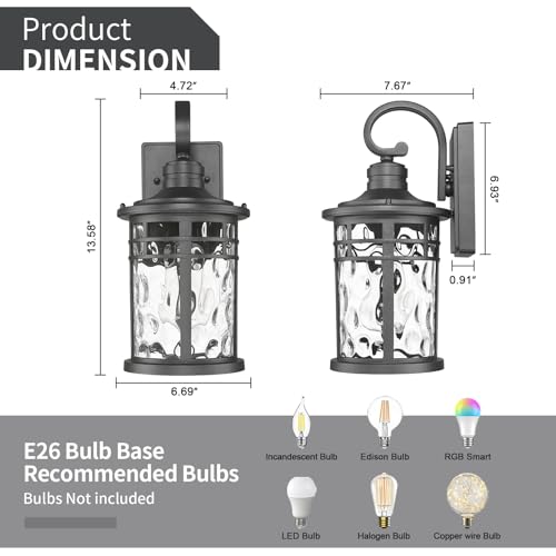 Outdoor Porch Lights Wall Mount Sconces with Water Ripple Glass Outdoor Lighting Waterproof Exterior Lantern for House Front Porch Patio Garage Doorway Garden (1 Pack-Water Ripple Glass / Medium)
