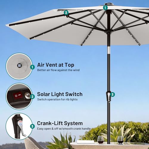 9FT Patio Umbrella with Solar Lights (Light Gray / 9 FT)