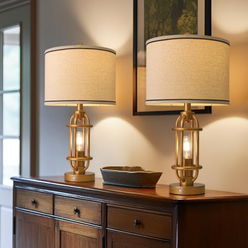 23.75'' Table Lamps Set of 2 for Living Room Bedroom Industrial Farmhouse Metal Touch Lamps with USB A+C Ports (23.75'' Antique Gold - Set of 2)