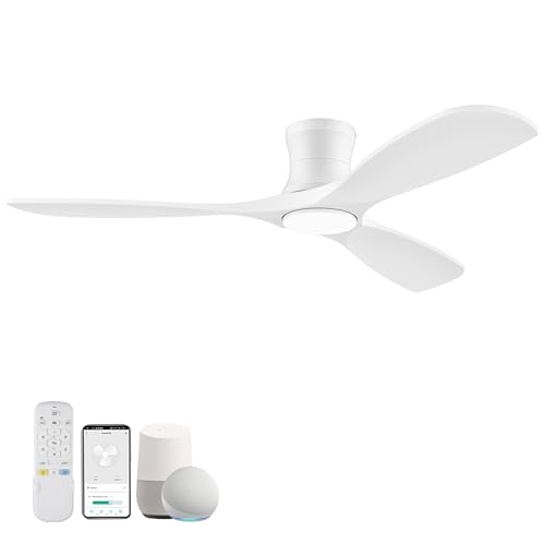 52In Wood Flush Mount Ceiling Fans with Lights and Remote (White Wood)