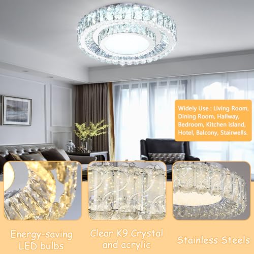 19.6" Dimmable Crystal Chandelier Modern LED Flush Mount Ceiling Light Fixtures for Living Room Bedroom Hallway Kitchen Island Staircase Silver (19.6" Silver)