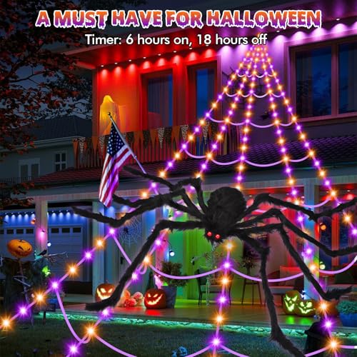 200" Halloween Decorations Spider Web Lights Outdoor +59" Fake Spider (Purple,Orange)