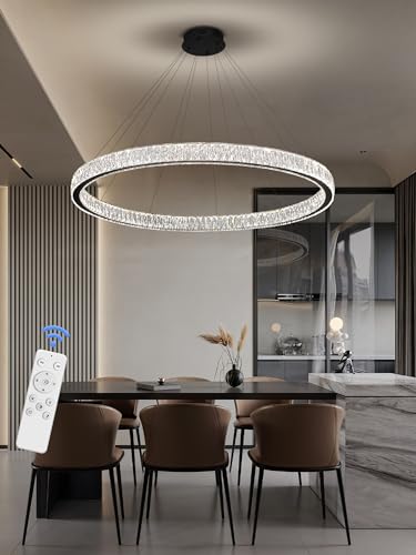 Modern LED Dimmable Crystal Chandelier 47.5" Ring Pendant Light Adjustable Round Chrome Crystal Chandelier Light Fixtures for Dining Room Living Room (Black 1 Ring 47.5")