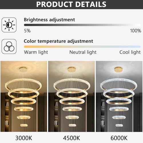 47" 6 Ring Crystal Chandelier Modern LED Dimmable Ring Pendant Light Chandelier for Dining Room Living Room Gold (Gold / 6 Ring Round 47")