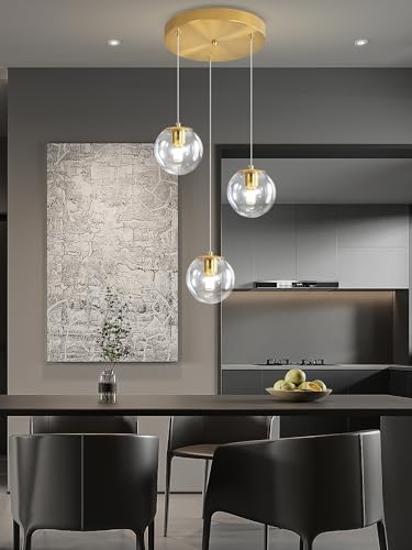 3 Light Modern Gold Pendant Light Hanging Fixture Light for Kitchen Island Mid Century Globe Pendant Light Glass Chandelier for Living Room Bedroom Entryway (Gold-Clear / Globe 3-Light)