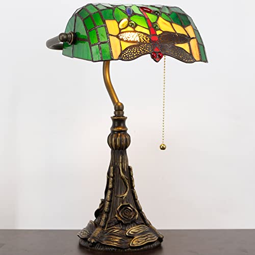 Tiffany Banker Lamp Small Stained Glass Table Lamp Green Dragonfly (Green Dragonfly Style)