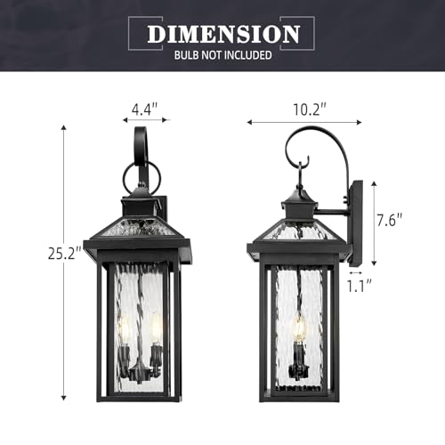 2 Light Porch Wall Mount Light (Black - Water Ripple Glass / 25.2 Inch - No Function)