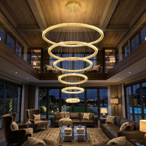 Modern Crystal Chandelier 6 Rings High Ceiling Chandeliers Dimmable LED Lighting Fixtures with Remote for Living Room Dining Room Foyer Gold (Gold / 6-Ring 47")