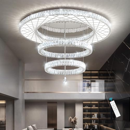 48 inch Large Size Glam Chandelier Crystal Ceiling Light for Living Room Chandeliers Lighting Fixtures with Remote Dimmable LED Light (48 inch / Silver)