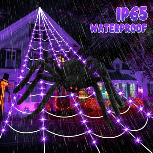 Halloween Decorations 16.4Ft Spider Web with LED Lights & 59" Giant Spider (Purple)