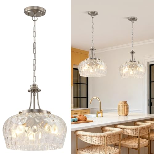 Modern Pendant Lights Kitchen Island (3-Light-Brushed Nickel-Clear Hammered Glass-14.2"(Easy To Install))