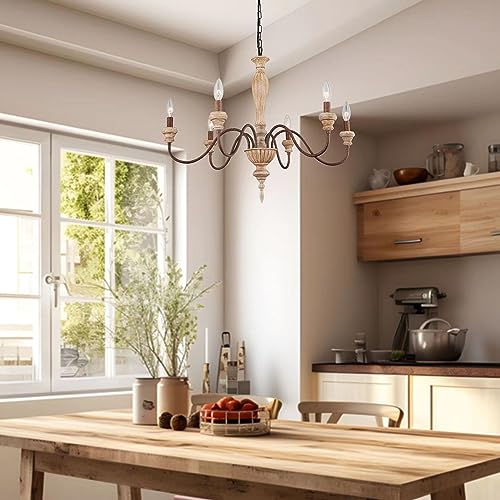 6 Light 28in Farmhouse French Country Chandelier for Dining Room (Brown)