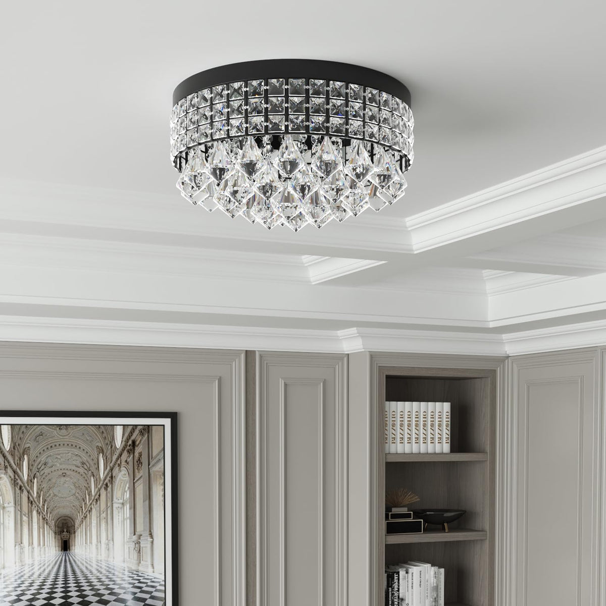 4 Lights Crystal Chandelier (15"Wx7.3"H / Black)