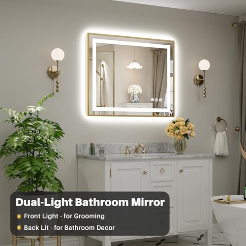 40x32 Inch LED Bathroom Mirror with Gold Frame (Backlit+front Lit With Gold Frame / 40"L x 32"W)