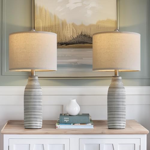 25" Ceramic Table Lamps Set of 2 Beside Lamps for Living Room Modern Bedroom Lamps for Night Stands with Rotary Switch Black and White Stripes (25" White&Black)