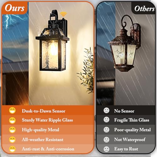 2 Pack Dusk to Dawn Outdoor Wall Lights with Water Ripple Glass (13.8" (2-Pack）)