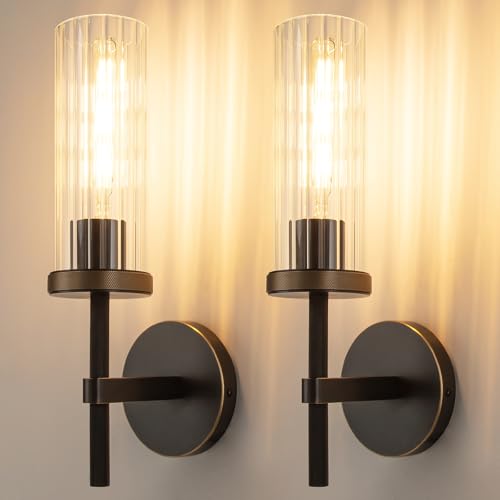 15" Knurled‑Craft Hardwired Black Gold Wall Sconce (Black-Vertical Striped / 15″-2 Pack)