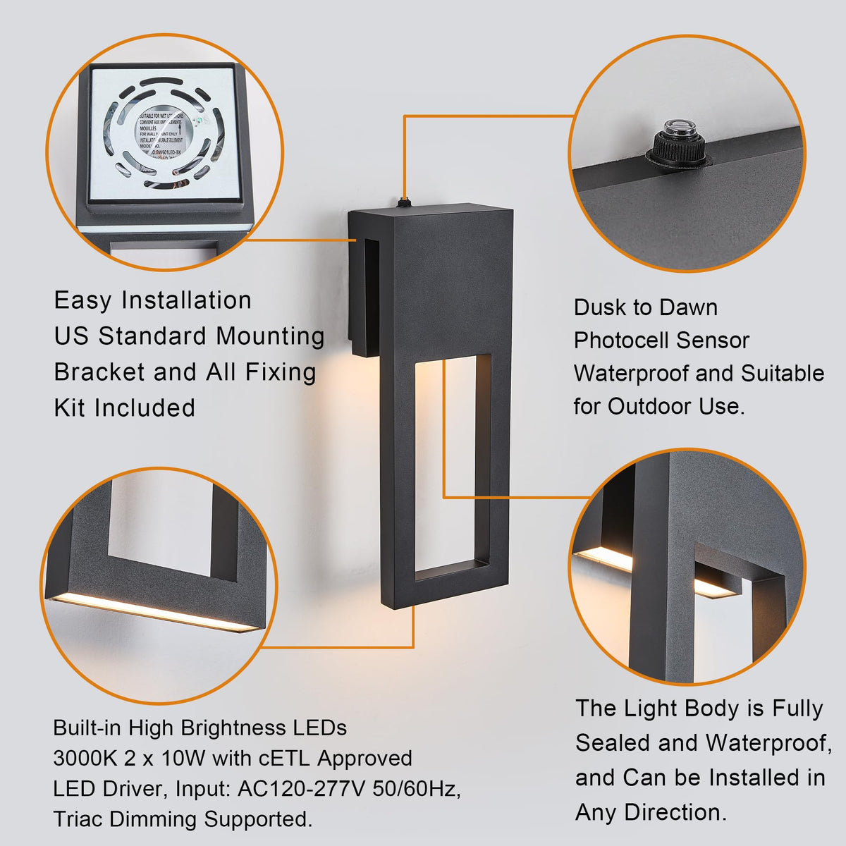 Set of 2 Dusk to Dawn Outdoor Wall Lights (2Pack Textured Black(with Photocell))