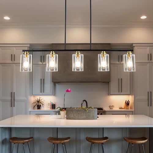 Island Light for Kitchen (Black & Gold / 5 Light + Clear Glass)