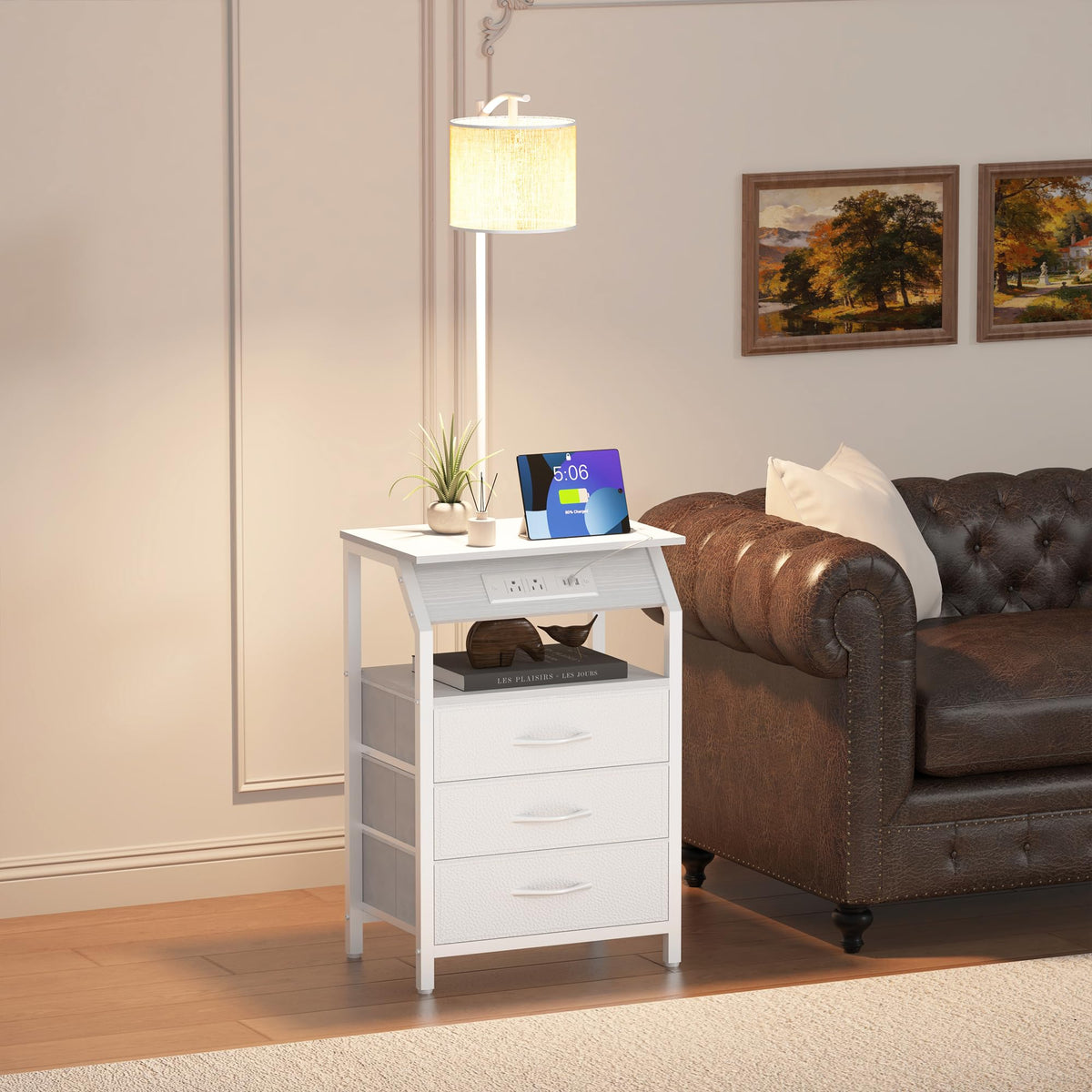 Floor Lamp with Table (White 3 Drawers)