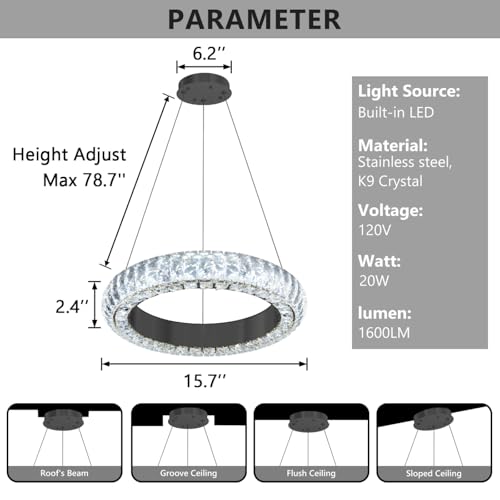 16" Ring Modern LED Dimmable Crystal Chandelier Adjustable Height Pendant Light Round Crystal Chandelier Light Fixtures for Dining Room Living Room Kitchen Island Black (Black / 1 Ring Round 16")