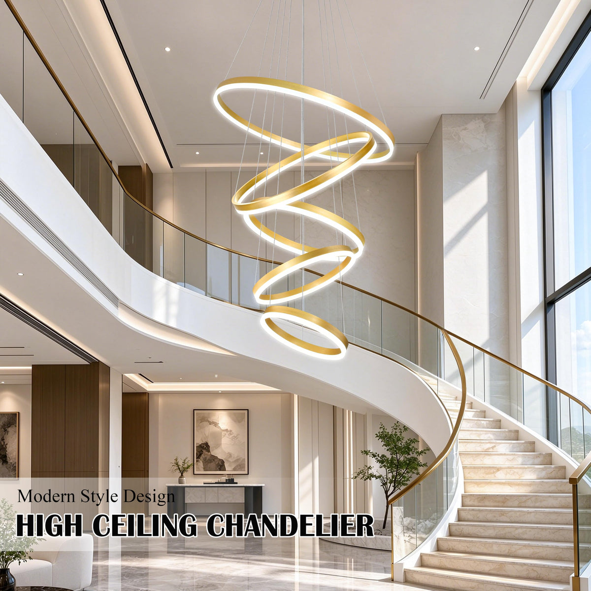 5 Rings Pendant Lights Modern Gold Led Chandelier Gold Modern Led Pendant Light Dimmable Height Adjustable Chandeliers for Dining Room Bedroom Entryway Living Room Foyer (Gold / 5Ring-23.6")
