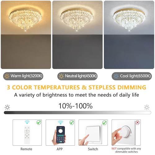 Crystal Chandelier 40W Modern Round Ceiling Light Fixture LED Raindrop Chandeliers Dimmable with Remote for Dining Room Living Room Entryway Hallway Bedroom Gold (Gold / W20")