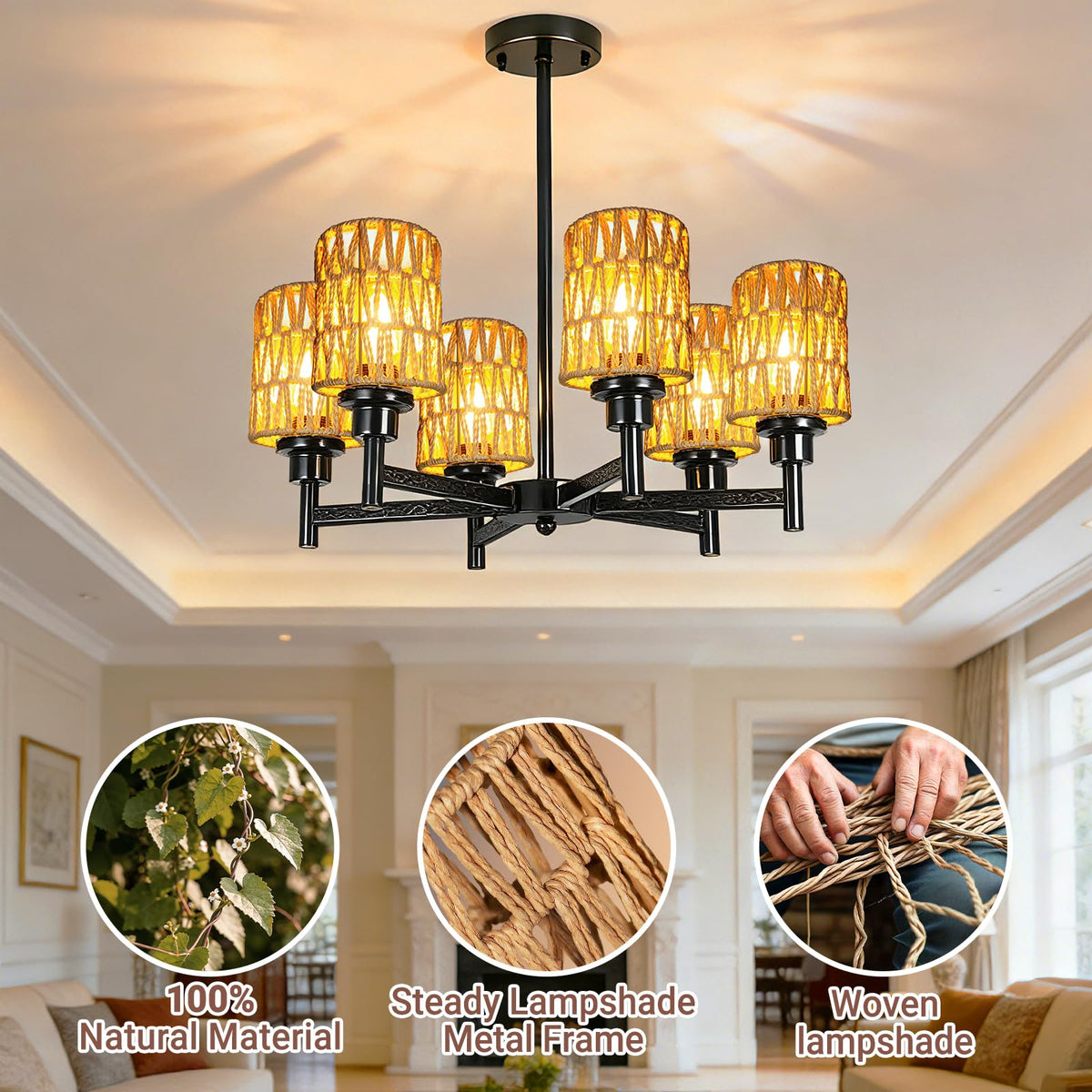 3 Pack Rattan Lamp Shades Boho Hanging Light Lamp Shades (3 PACK-Small Lamp Shades)