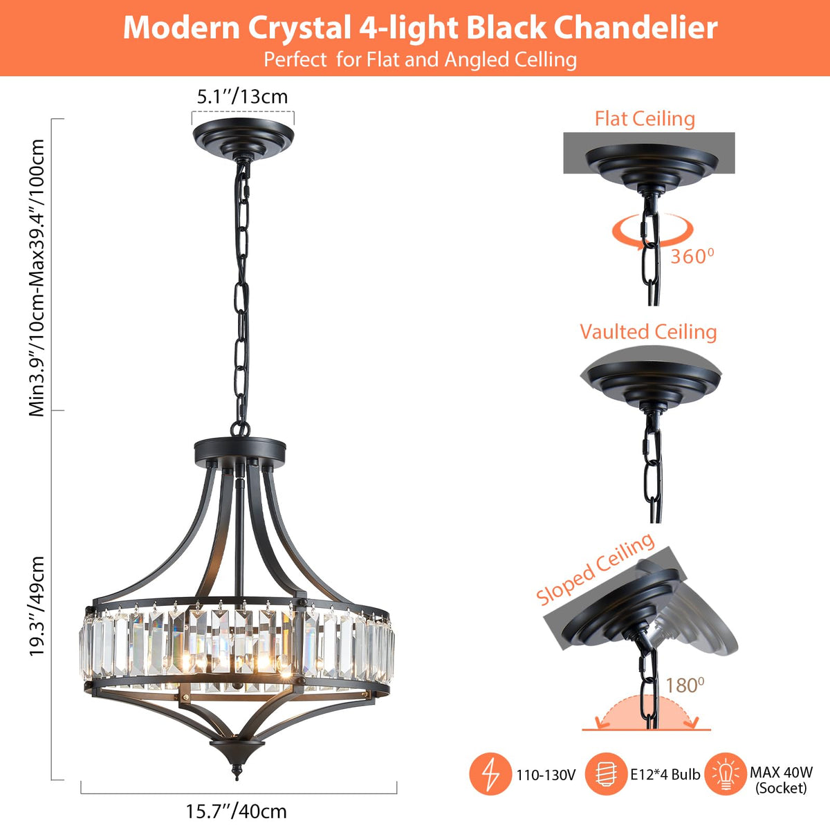 Black Crystal Chandeliers for Dining Room (15.7" Black)