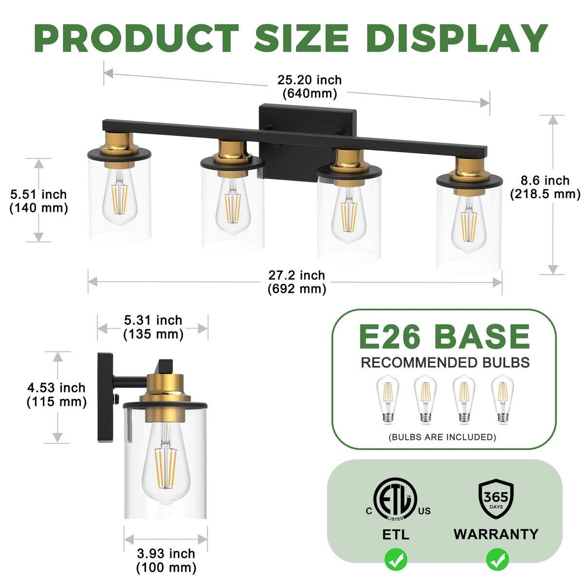 Bathroom Light Fixture with 4 Bulbs Black and Gold Mirror Light (Black and Gold / 4-Light(27inch))