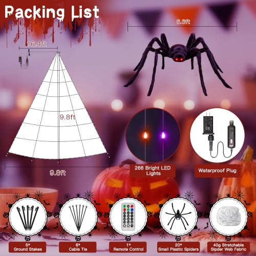 Halloween Sipder Web Lights 266 LED 9.8 FT Tall with Red Eyes Giant Spider (Orange&Purple / 9.8FT)