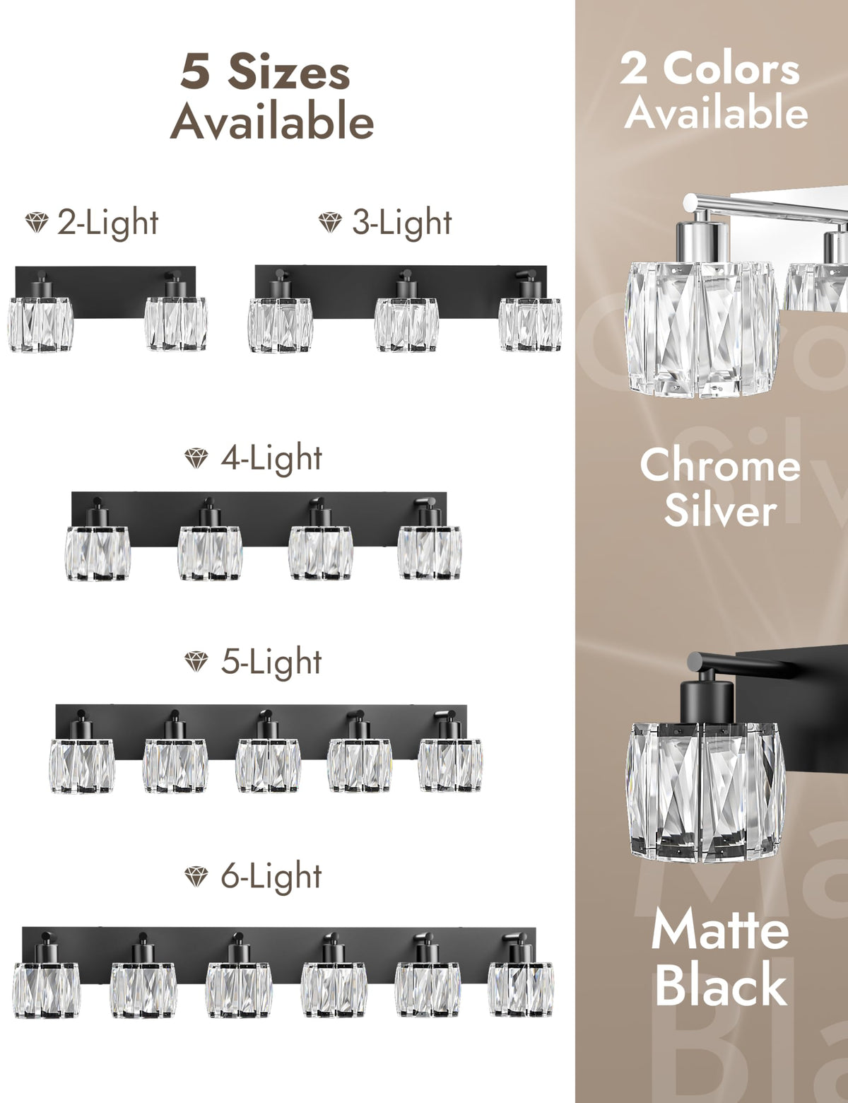 6 Light Crystal Bathroom Vanity Light Fixtures (Black-Round / 6 Light)