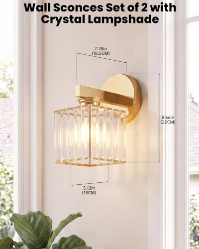 Hardwired Wall Sconces Set of Two with Crystal Lampshade (Gold-A)