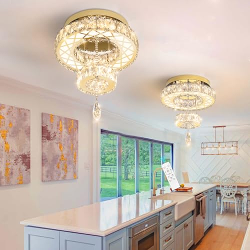 Modern Glam Ceiling Chandelier Bedroom Light Fixtures Crystal Flat Sloping Ceiling Lights for Hallway Kitchen Dining Room Dimmable Light with Remote Gold (12 inch / Gold)