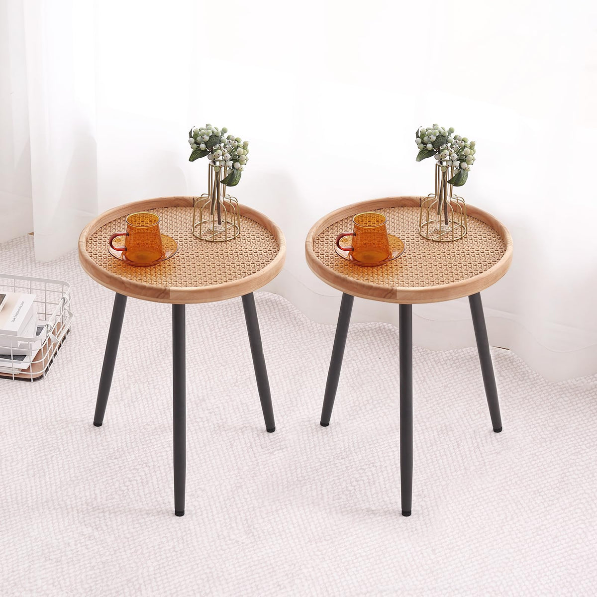 2 Pack Rattan Round Side Tables (Wood Rattan)