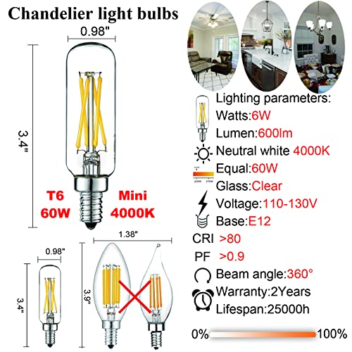 T6 T25 E12 Candelabra Bulb 60 watt (Neutral White 4000k 6w)