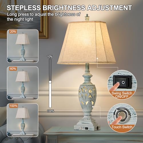 29.5" Touch Control Traditional Table Lamp Set of 2 with USB A+C (White Wash with Green Brush-1 / 29.5")
